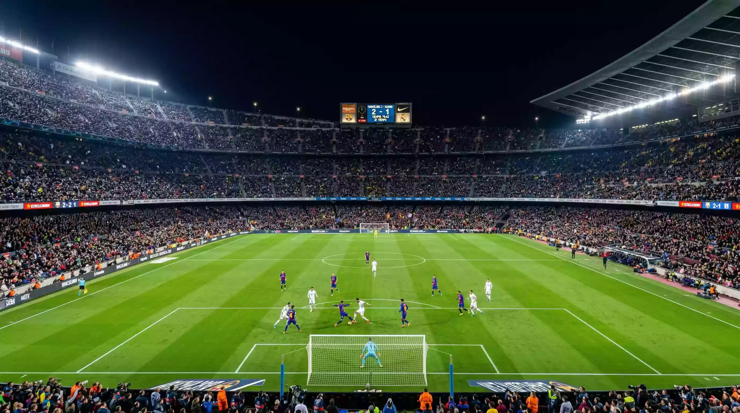 Estadio de fútbol iluminado durante un partido nocturno del Mundial 2026 con marcador en vivo
