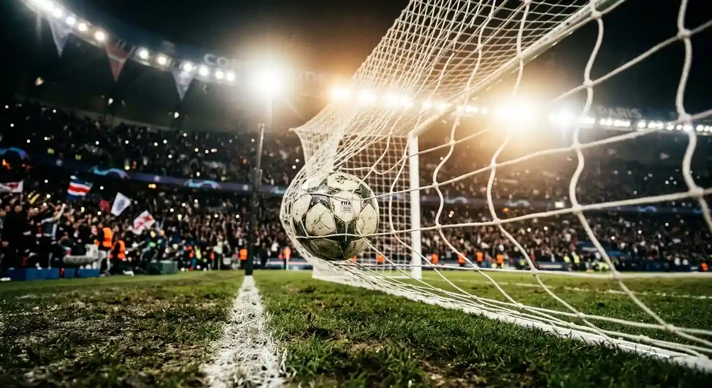 Detalle de un balón en el área con las redes de la portería al fondo, simbolizando el gol histórico en juego