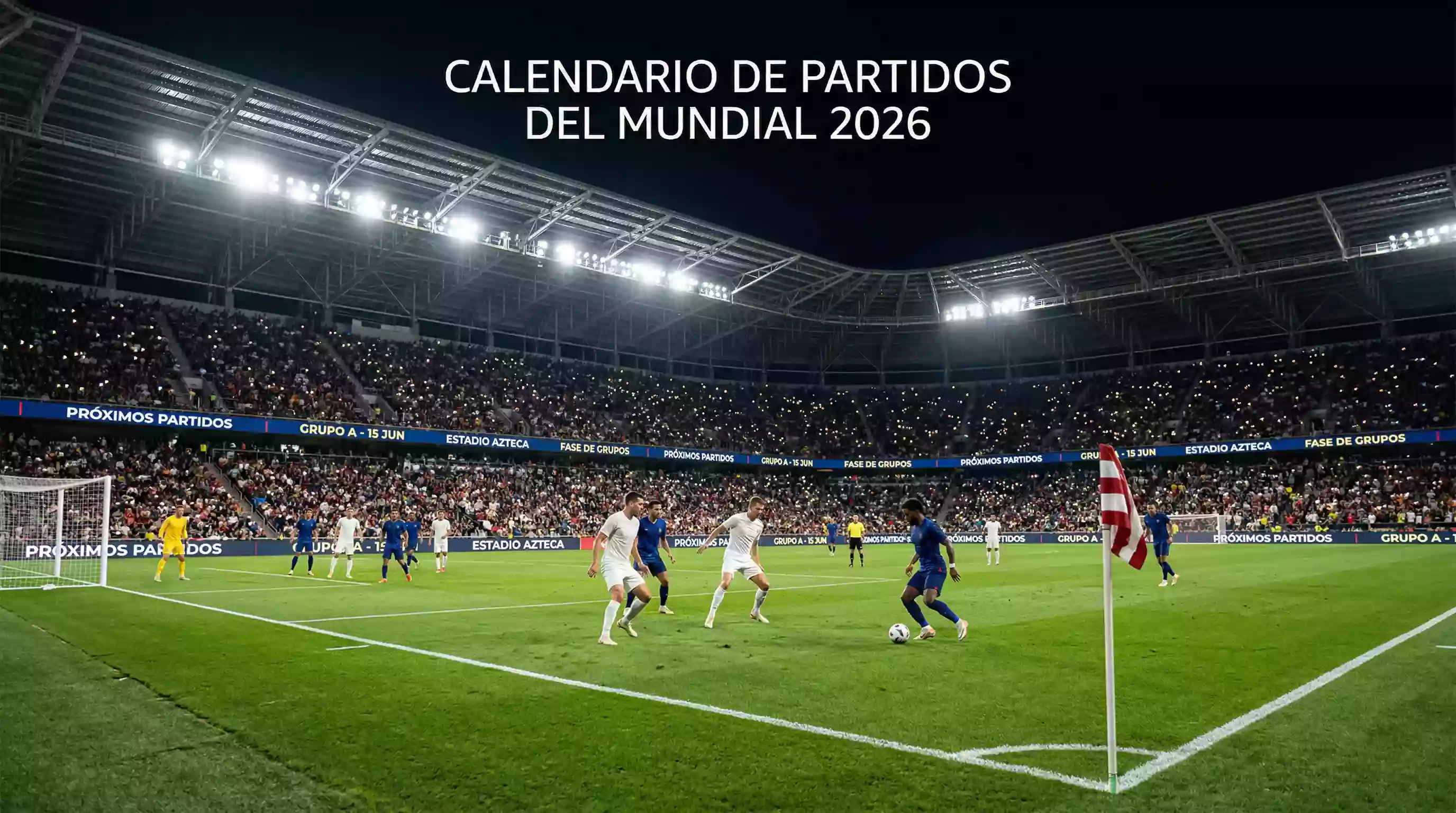 Estadio iluminado de noche durante un partido nocturno del Mundial 2026 con el campo en perfecto estado