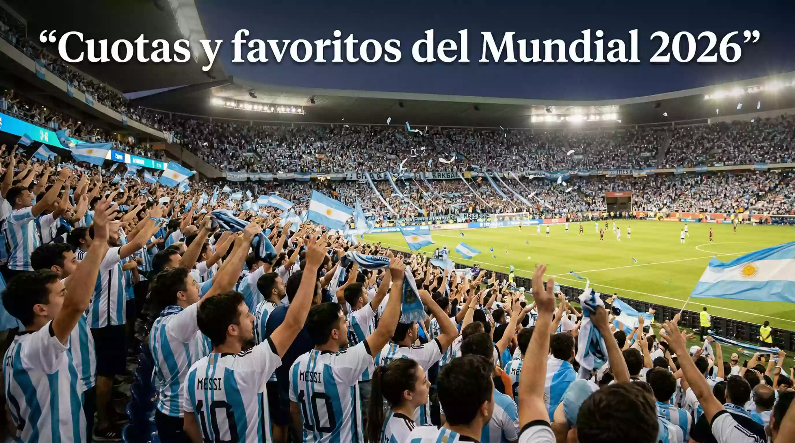 Hinchada argentina con camisetas albicelestes celebrando en la tribuna de un estadio durante el Mundial 2026