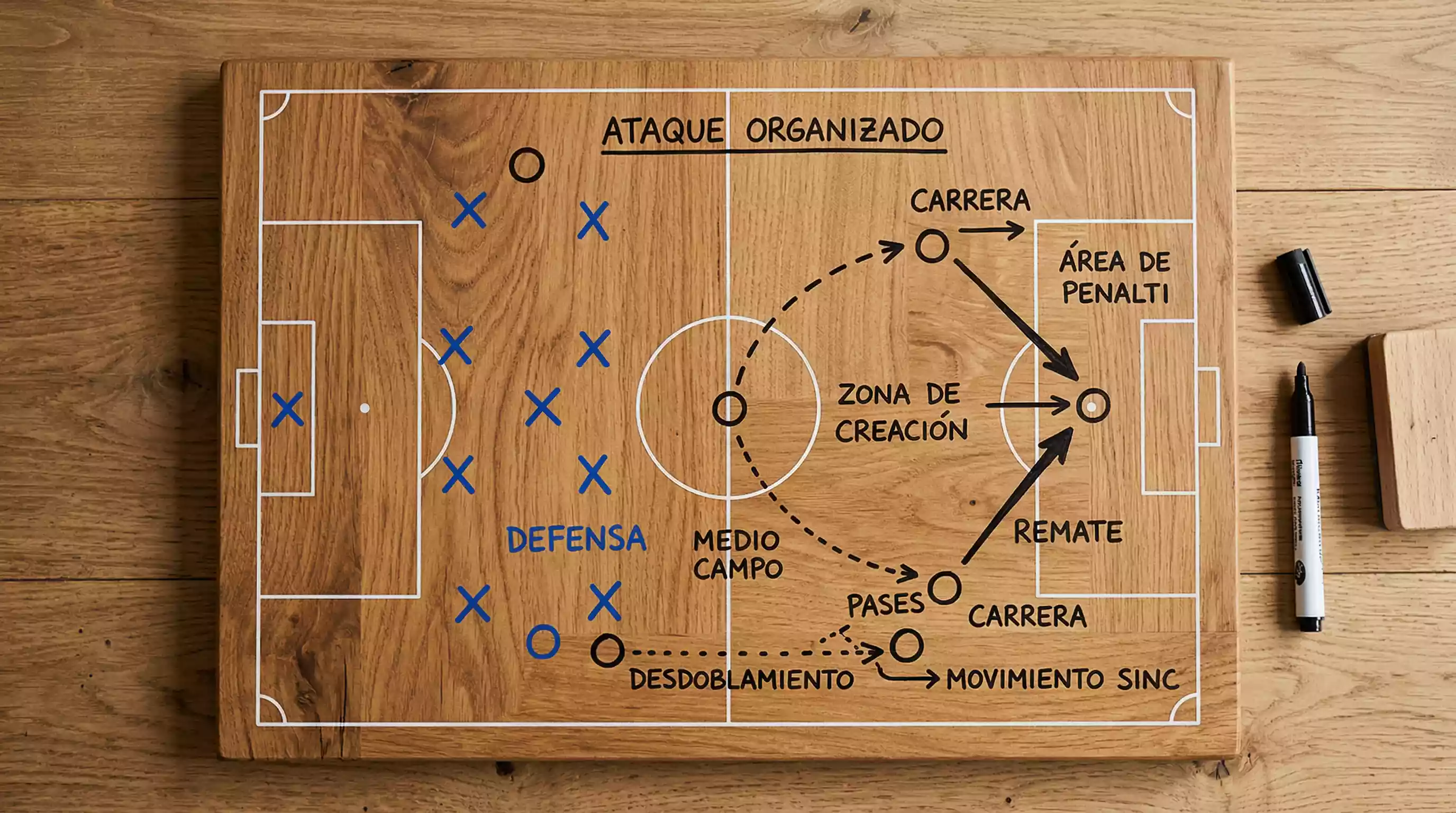 Seis camisetas de selecciones sudamericanas dispuestas en semicírculo sobre una pizarra táctica de madera con estilo limpio y cálido