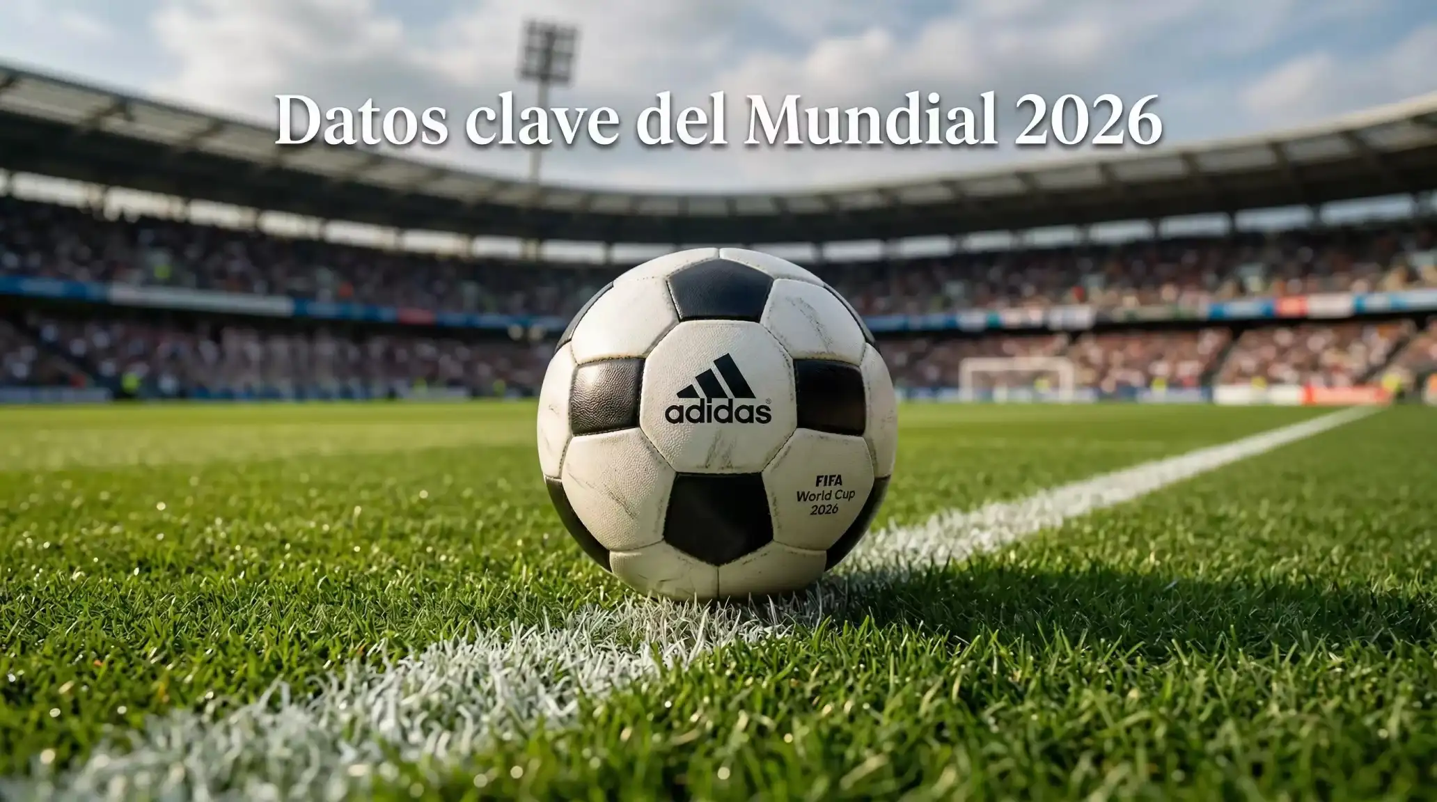 Balón oficial del Mundial 2026 sobre el césped de un estadio con las líneas del campo visibles