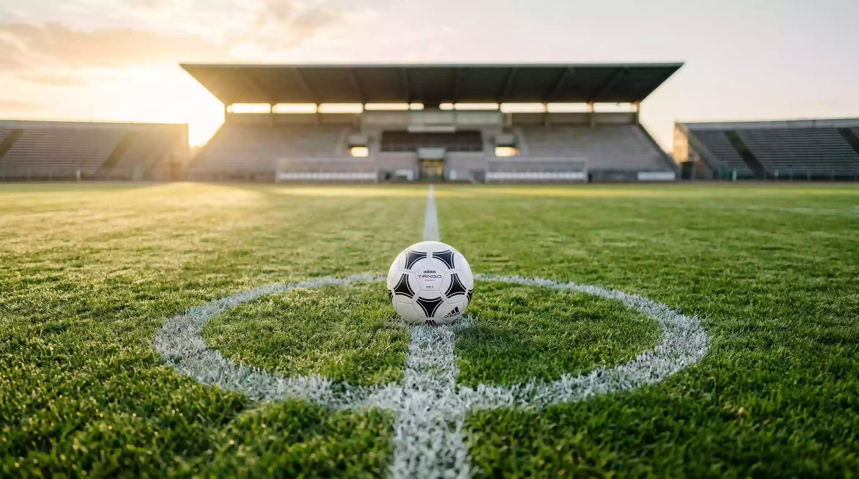 Balón nuevo en el centro del campo con césped húmedo y luz dorada del amanecer en un estadio vacío