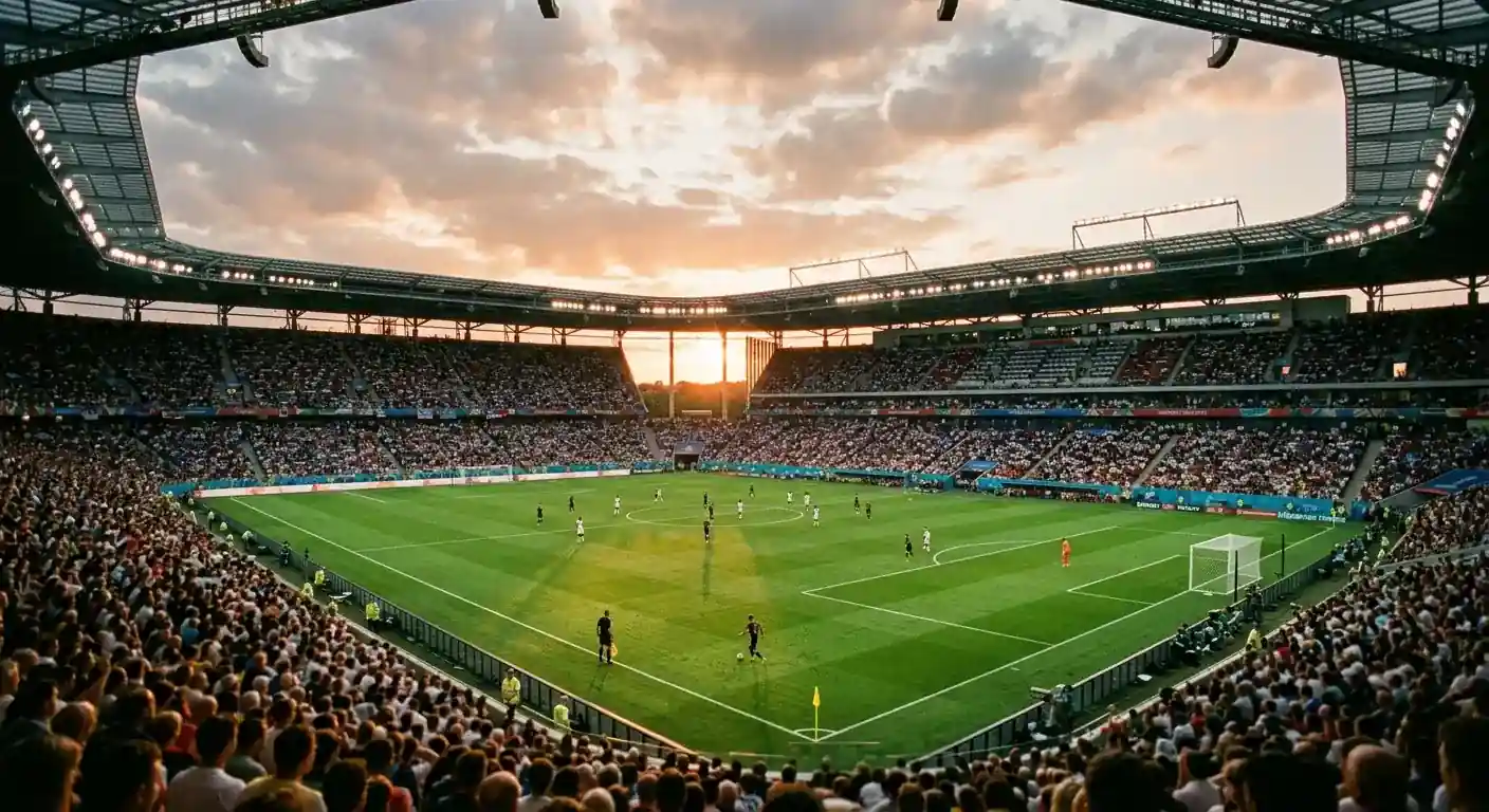 Estadio del Mundial 2026 al atardecer con el césped iluminado antes del partido de Francia