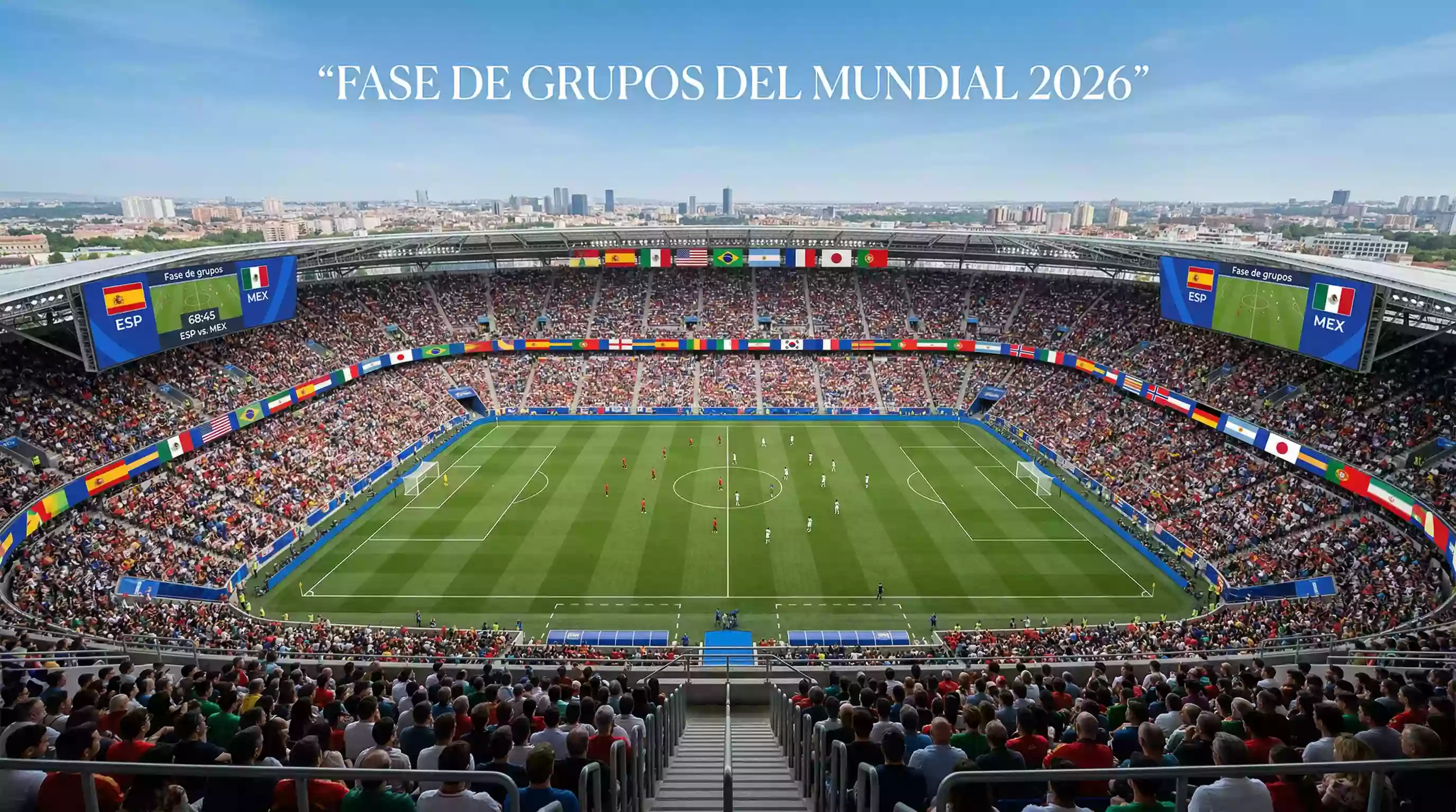 Vista panorámica del campo de juego desde la tribuna alta de un estadio norteamericano preparado para el Mundial 2026