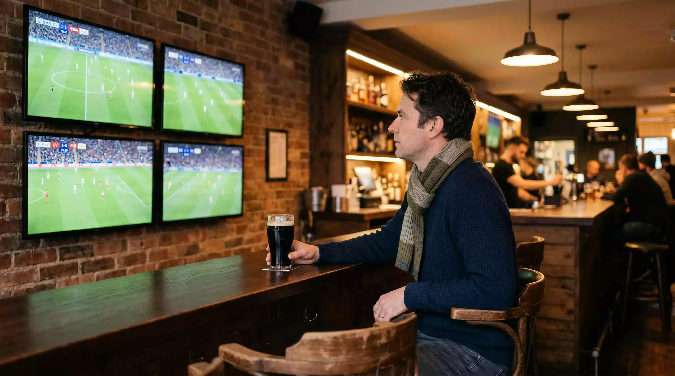 Aficionado sudamericano viendo múltiples partidos en pantallas en un bar deportivo con ambiente cálido