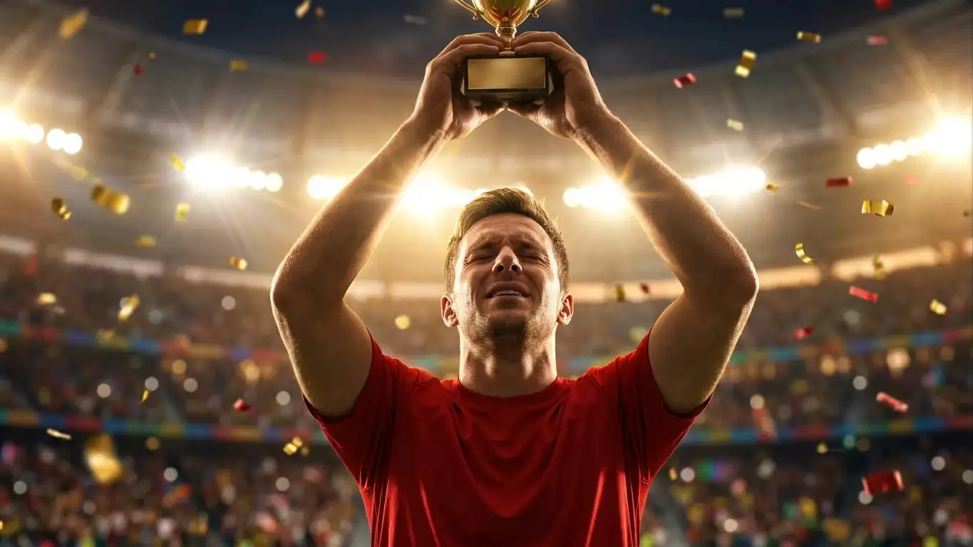 Un mediocampista celebra con el trofeo del mejor jugador del torneo