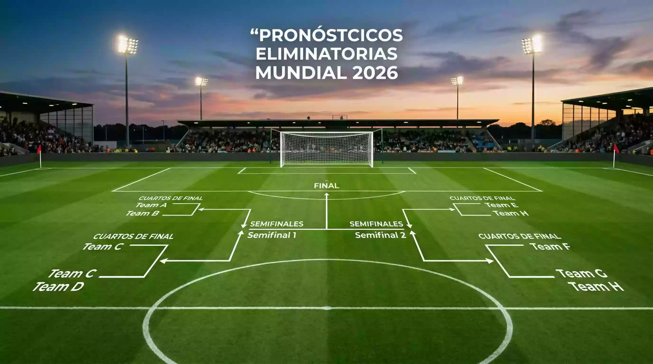 Cuadro eliminatorio del Mundial 2026 sobre césped de estadio con banderas de selecciones