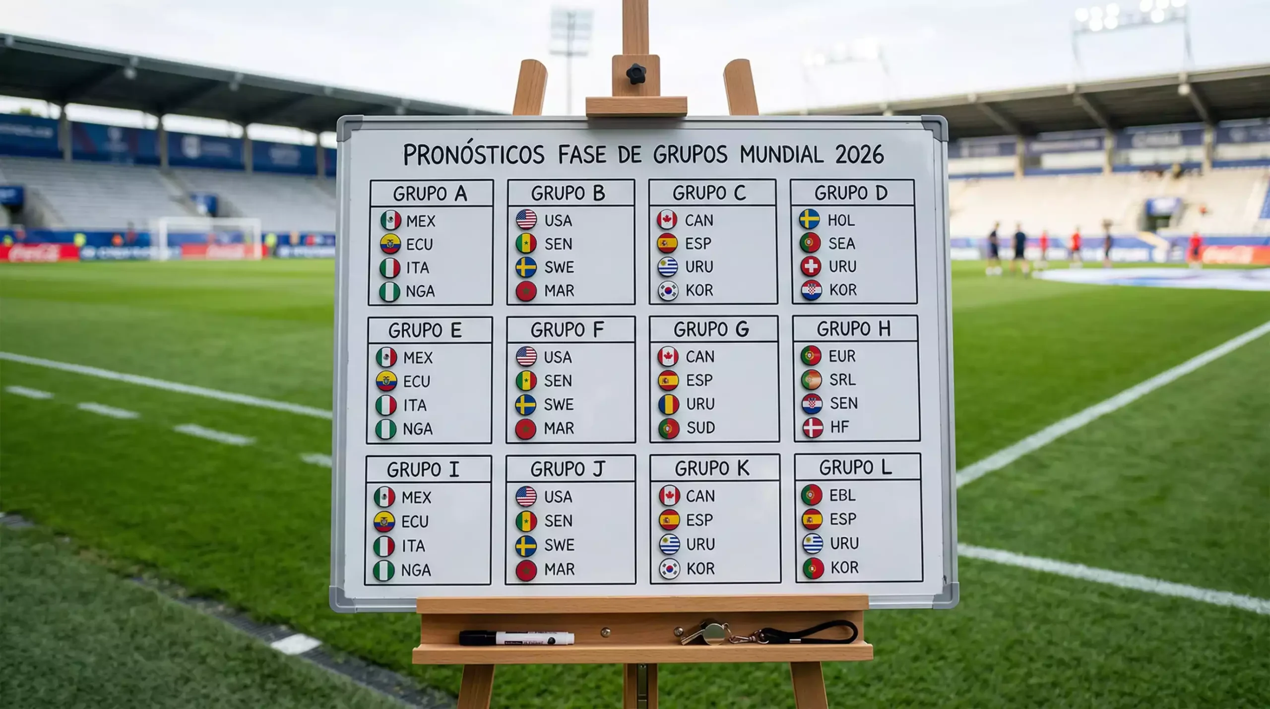 Tablero de grupos del Mundial 2026 con banderas de las 48 selecciones sobre césped