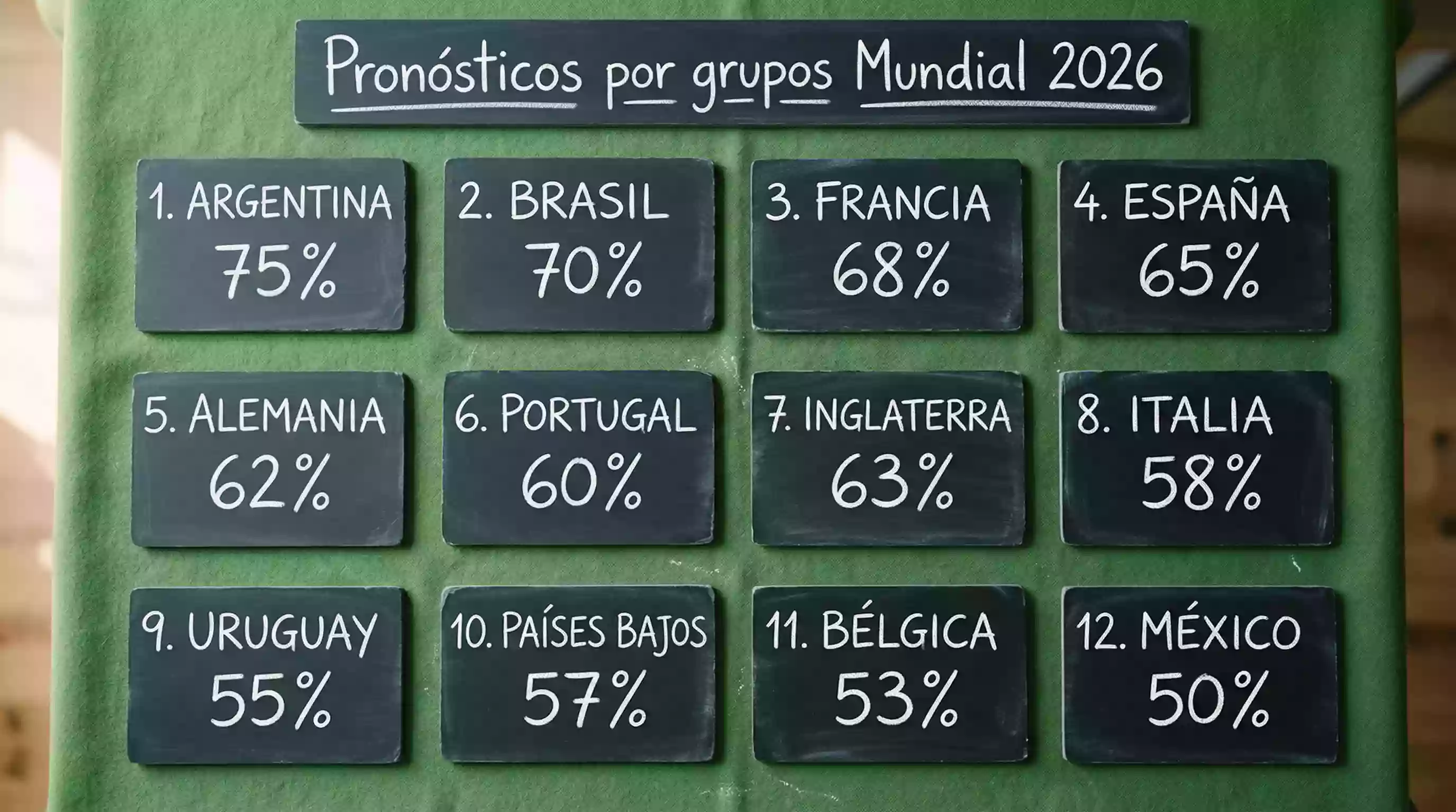 Pronósticos de clasificación por grupo del Mundial 2026 con probabilidades del modelo estadístico para cada selección