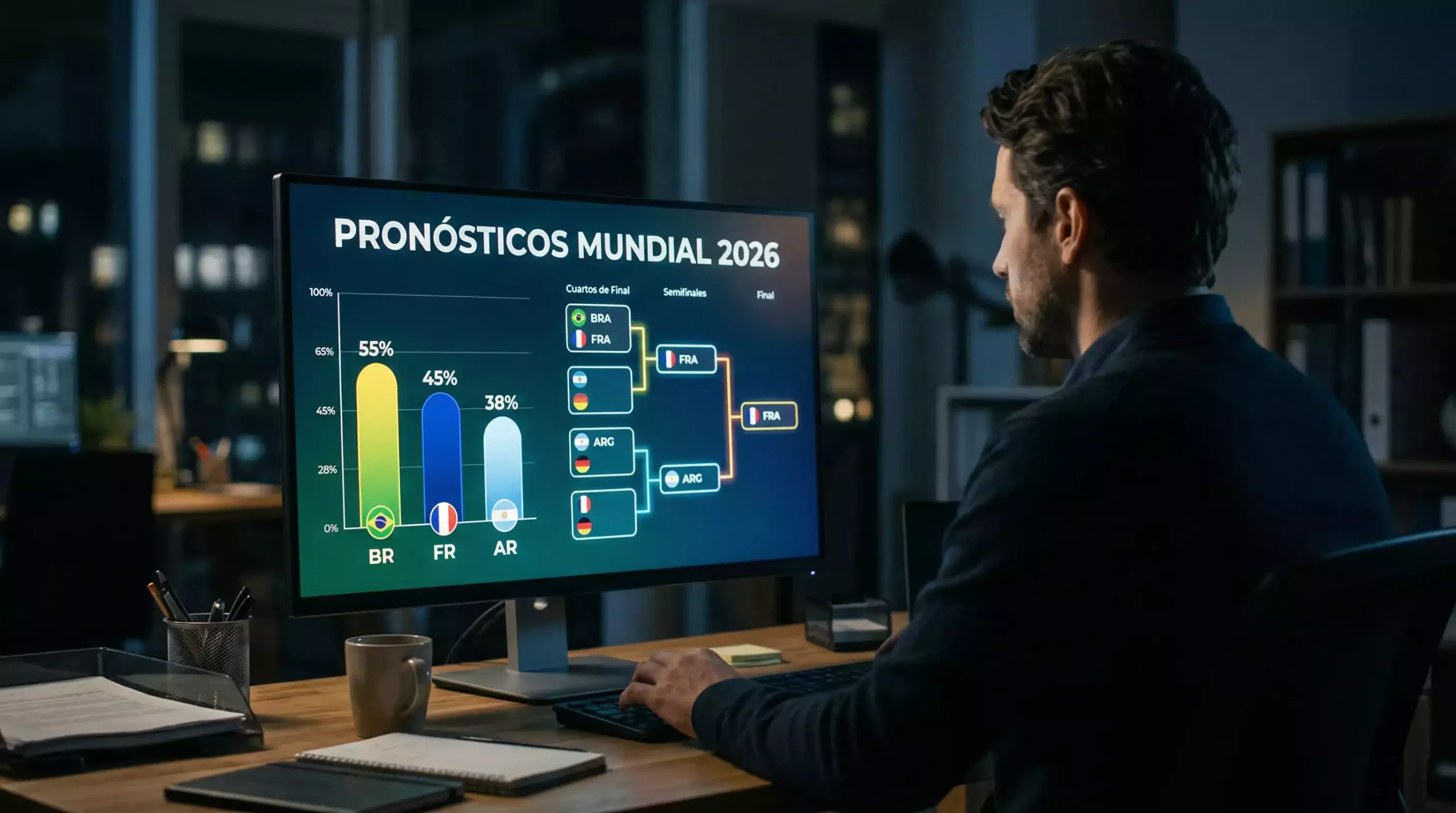 Pronósticos del Mundial 2026 basados en modelo estadístico con probabilidades de campeón y predicciones de grupos