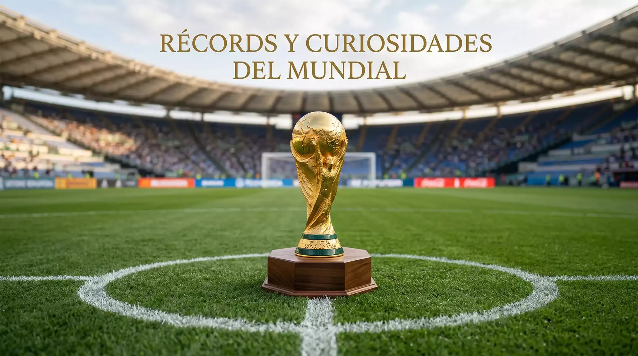 Trofeo de la Copa del Mundo FIFA sobre césped de estadio con datos históricos
