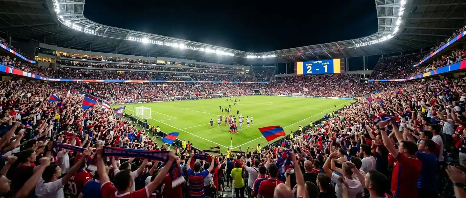 Estadio SoFi de noche con marcador iluminado tras los partidos de la Ronda de 32 del 2 de julio