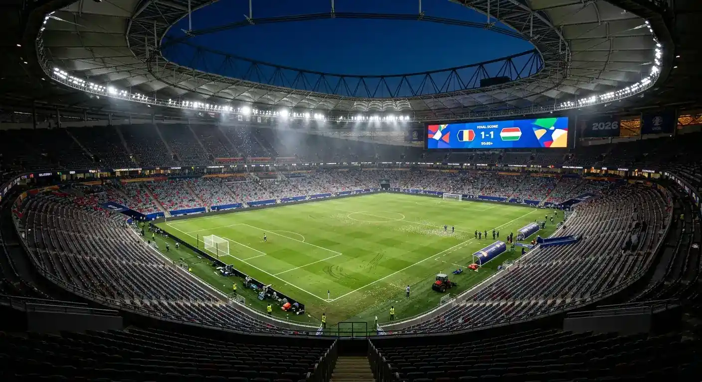 Estadio del Mundial 2026 de noche con marcador iluminado tras la jornada del 21 de junio