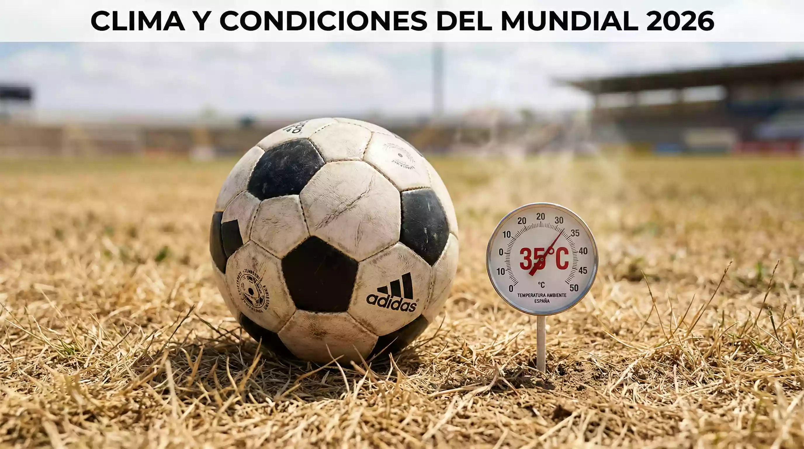 Un balón de fútbol sobre césped seco con efecto de calor visible y un termómetro marcando 35°C bajo luz intensa de mediodía