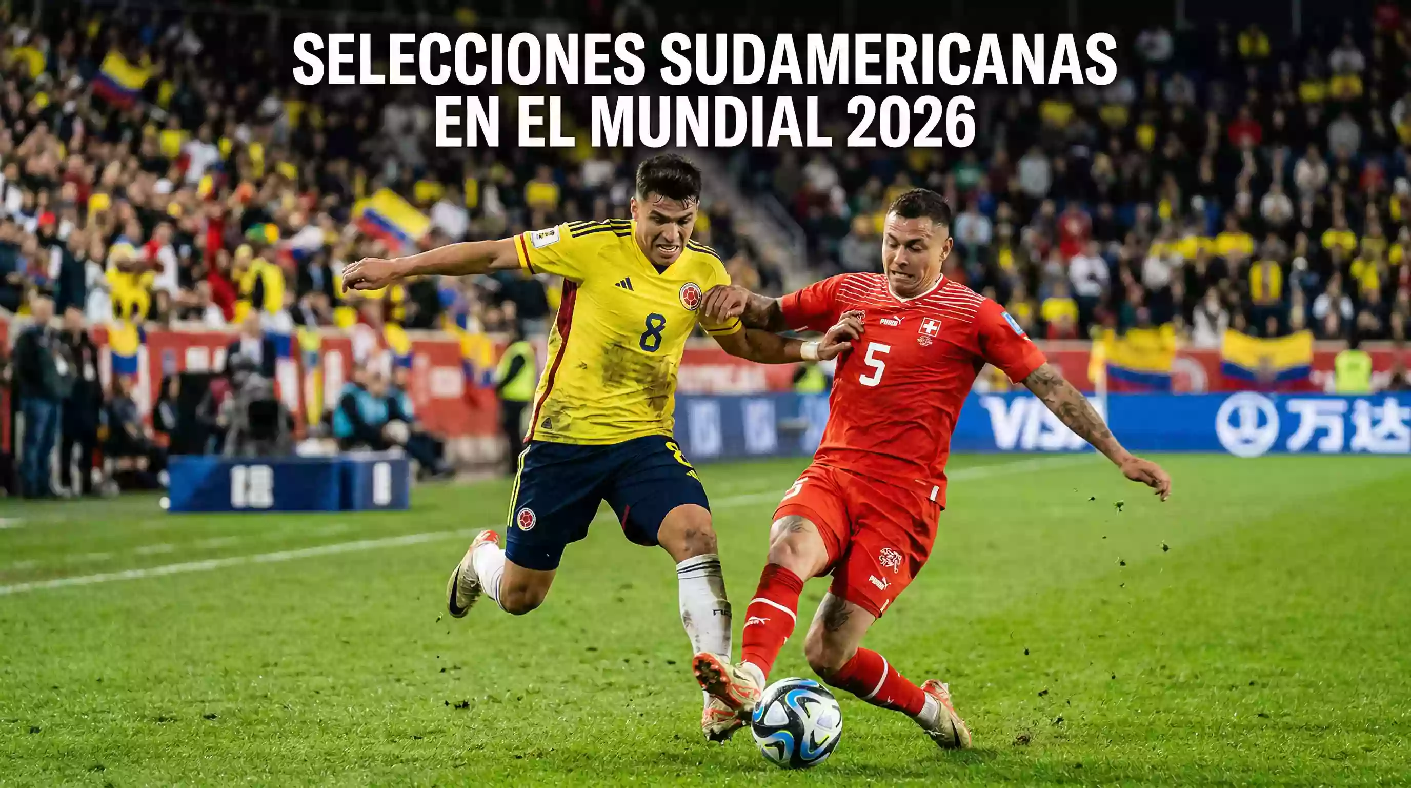 Jugadores sudamericanos disputando un balón en un partido de eliminatorias con el estadio lleno de aficionados