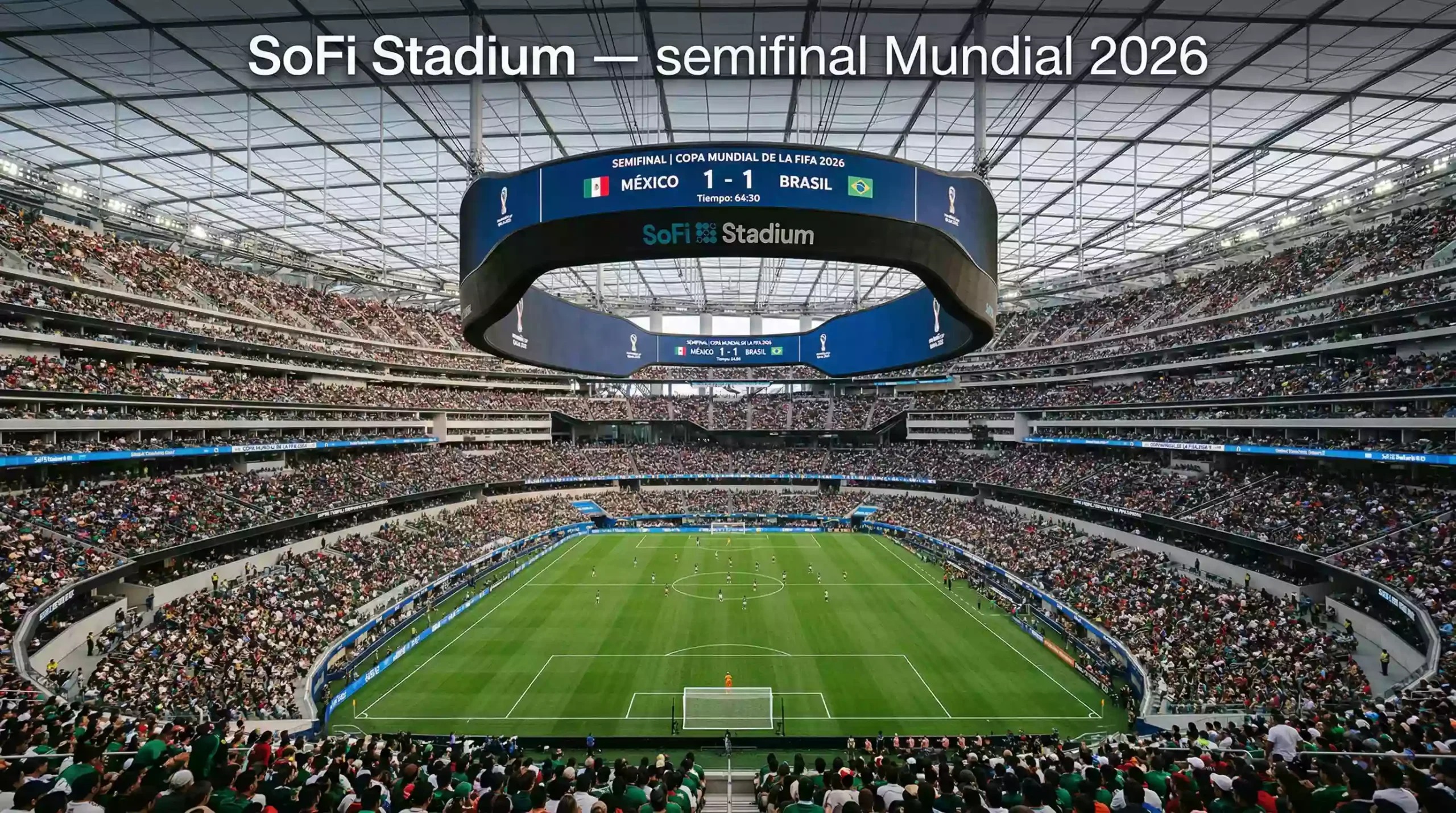 SoFi Stadium en Los Ángeles con techo translúcido y cancha de fútbol del Mundial 2026