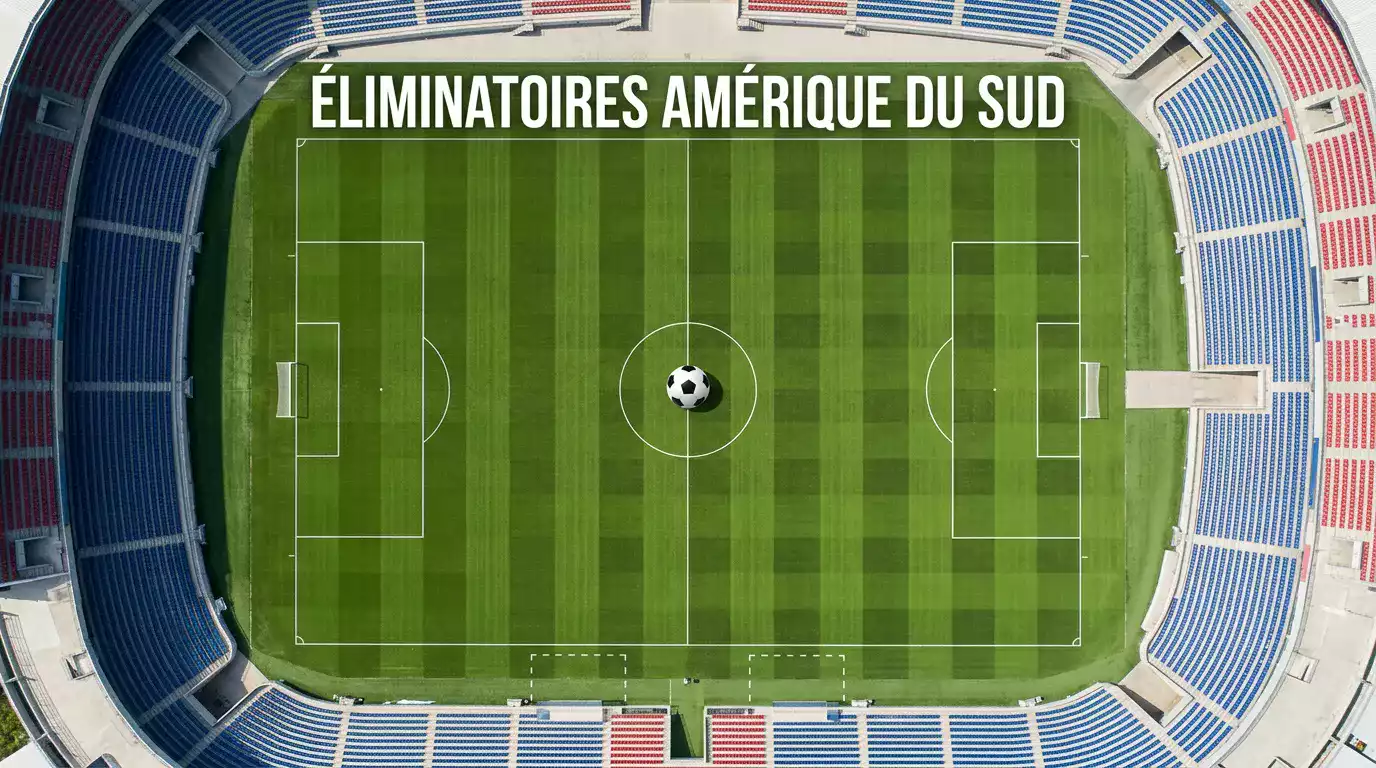 Cancha de fútbol con banderas de las seis selecciones sudamericanas del Mundial 2026