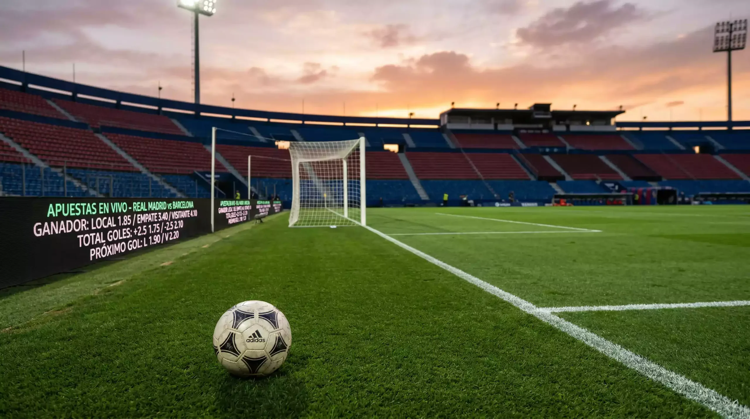 Cancha de fútbol con marcadores de mercados de apuestas deportivas para el Mundial 2026